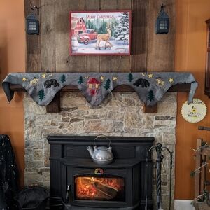 Wool Felt Appliqued Mantle Scarf  Winter Christmas 91"x 17.5" Gray